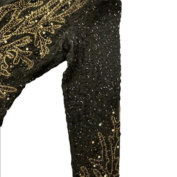 Vintage Swee Lo black and gold sparkling shimmery  sequin evening gown w/ split - Picture 8 of 13